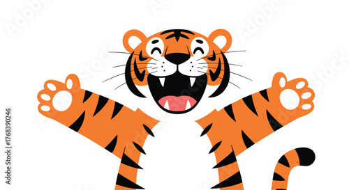 Cartoon tiger with open arms and a big smile, ready for a hug on a white background.