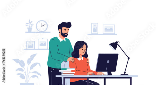 Man places hands on woman's shoulders while she works at a computer in an office setting.