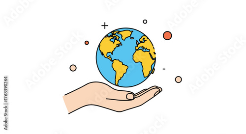 Stylized illustration of a hand holding the Earth with small circles and plus/minus symbols around it.
