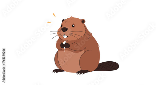 Cute cartoon beaver holding a small white object in its paws with surprised expression.