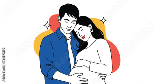 A pregnant couple embracing affectionately with closed eyes and smiling faces.