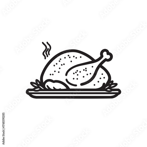 A simple outline of a steaming roasted turkey on a platter.