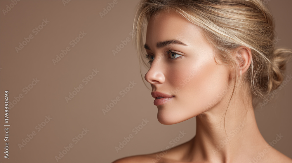 Naklejka premium Profile portrait of a fair-skinned woman with blonde hair, soft light, and natural makeup