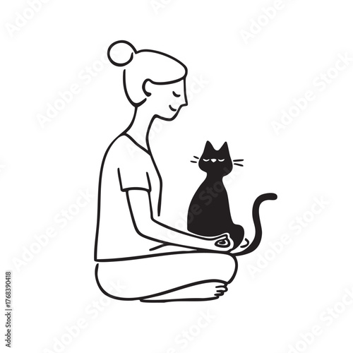 A minimalist drawing of a person sitting with a cat.