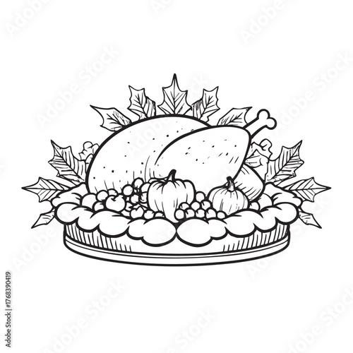 A roasted turkey on a platter with pumpkins and grapes.