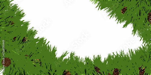 Green pine branches with pine cones forming a natural border on white background