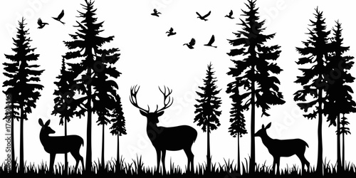 Black silhouette of a majestic stag and a doe with antlers standing in a forest with pine trees and flying birds