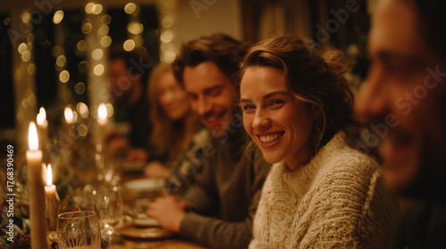A warm gathering of friends and family at a dinner table, filled with joy, connection and happiness. The scene is illuminated by the soft glow of candlelight.