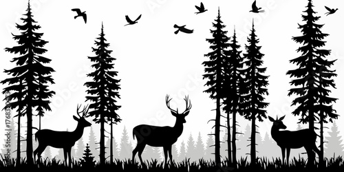 Silhouette of deer and birds flying over a pine forest landscape at dawn