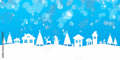 Charming white silhouette village scene with snowman and reindeer under falling snowflakes