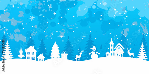 Whimsical white silhouette christmas village scene with snowing blue sky background