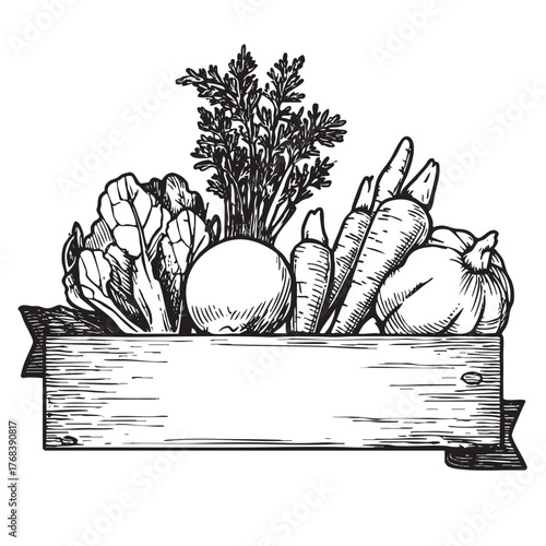 A sketch of a wooden box of mixed vegetables with a ribbon.