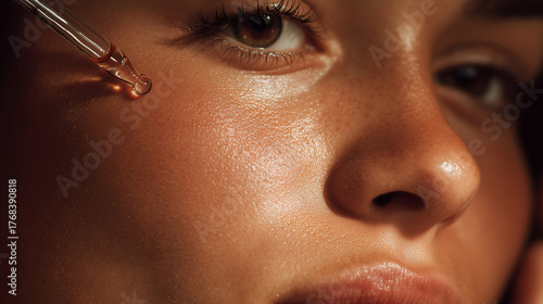 A close-up shot of a woman with radiant skin, highlighting the application of serum with a dropper
