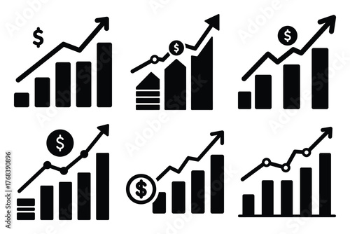 financial growth silhouette vector icon set. business related icon set