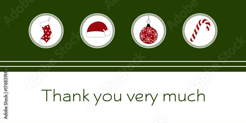 Thank you very much - Schriftzug in englischer Sprache - Vielen Dank. Dankeskarte mit Weihnachtsstrumpf, Weihnachtsmütze, Christbaumkugel und Zuckerstange.