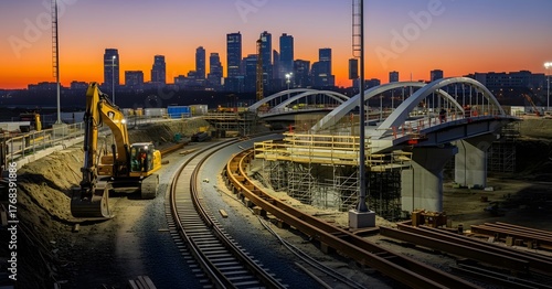Construction site with railway tracks and city skyline at sunset