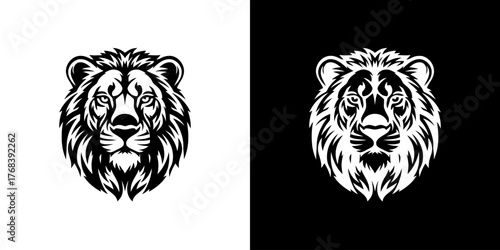 Black and white lion head illustrations on
