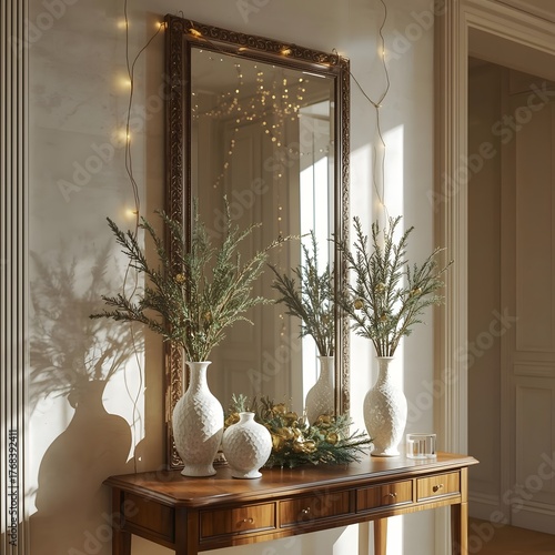 Elegant Christmas Hallway with Mirror, Vases, and Greenery Decor in Warm Light