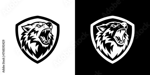 Black and white bear head logos on shield shapes