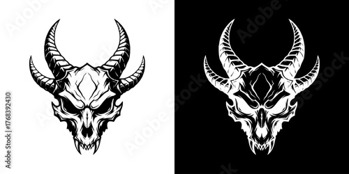 Black and white illustrations of a bull skull