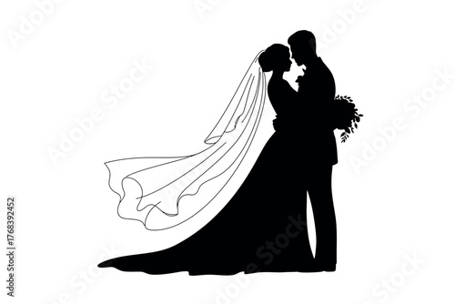 A silhouette of a bride and groom embracing on their wedding day.