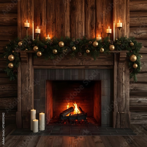  Rustic Christmas Fireplace with Garland, Candles, and Golden Ornaments