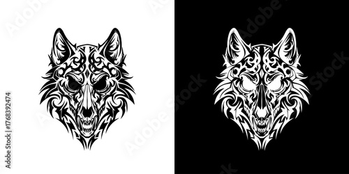 Black and white wolf head illustrations on white