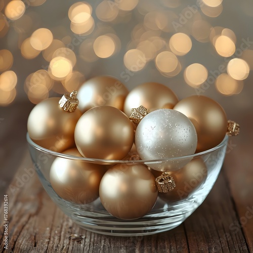 Golden and Silver Christmas Ornaments in Glass Bowl with Warm Bokeh Lights