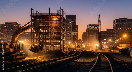 Fototapeta Naklejka Na Ścianę i Meble -  Construction site at night with heavy machinery and city skyline view