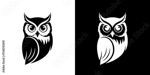 Graphic illustration of two owl heads in black