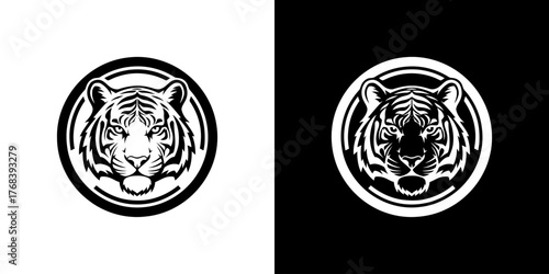 Black and white tiger head illustrations on split