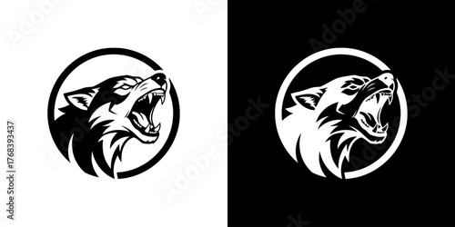 Black and white tiger head logos on contrasting