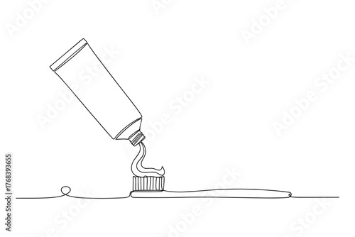 Toothpaste Dispensing onto Toothbrush,
Single Line Drawing of Toothpaste Dispensing onto Toothbrush,
Clean Modern Black and White Art