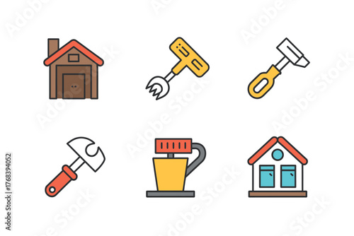 A collection of tools and building icons represents repair and construction concepts.