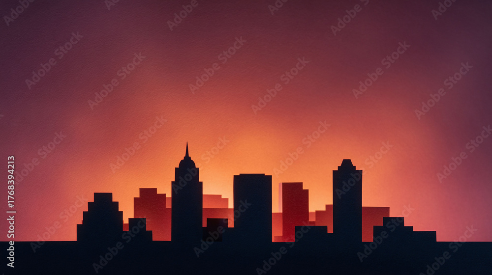 Naklejka premium Silhouette of a cityscape against a vibrant, colorful sunset sky. Evokes feelings of serenity, urban life, and potential. Great for backgrounds, web design, or prints.