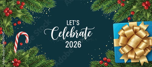 Festive 2026 celebration background with lush green fir branches, vibrant red berries, a charming candy cane, and a beautifully wrapped blue gift box adorned with a golden bow