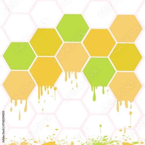 Graphic illustration of honeycombs with a dripping honey effect. green, orange and yellow hexagonal shapes.