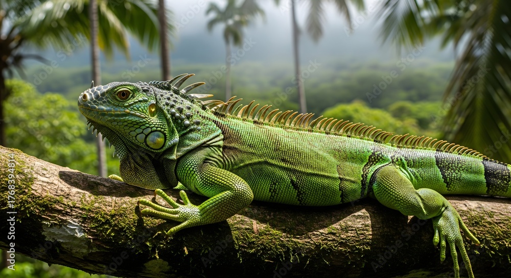 Fototapeta premium A green iguana perched on a mossy branch against a backdrop of lush tropical vegetation and palm trees