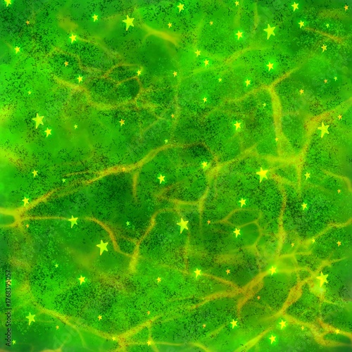 Abstract background featuring green color with yellow vein-like lines and scattered yellow stars.