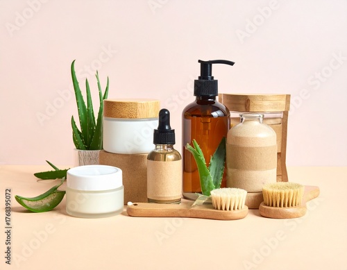 Natural Cosmetic Containers with Bamboo and Glass Elements on Pastel Background
