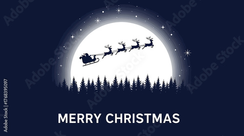 Merry christmas night scene featuring santa claus in his sleigh being pulled by reindeer across the moonlit sky above a forest, perfect for holiday cards and decorations