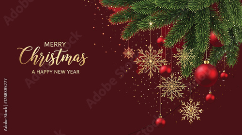 Elegant christmas background featuring a rich maroon backdrop, adorned with lush green pine branches, shimmering gold snowflakes, and vibrant red ornaments, creating a luxurious holiday atmosphere