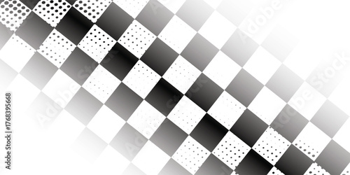 Black and white grunge background of racing flag, car rally or motocross finish flag with vector checkered pattern.