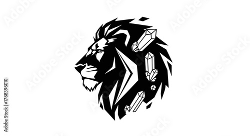 A striking black and white graphic illustration of a lion's head with crystalline structures integrated into its mane.