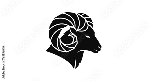 A stylized black silhouette of a ram's head with prominent, swirling horns against a white background.