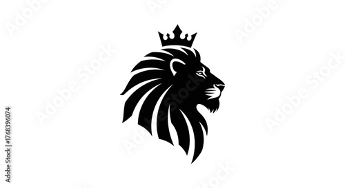 A majestic black lion profile with a crown on its head, set against a white background.