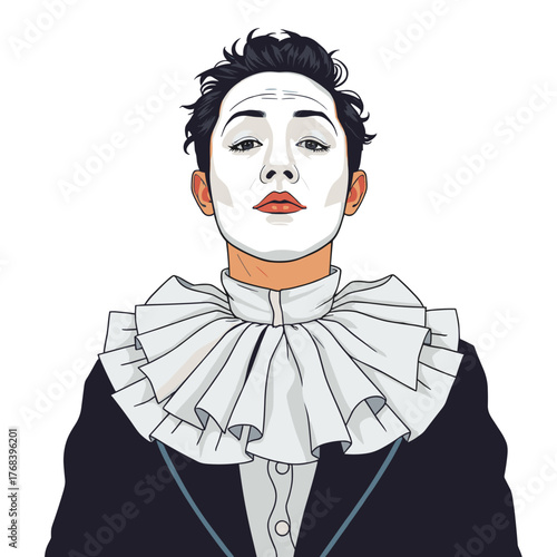 Theater actor in costume, melancholic expression, performing as a clown against a plain background