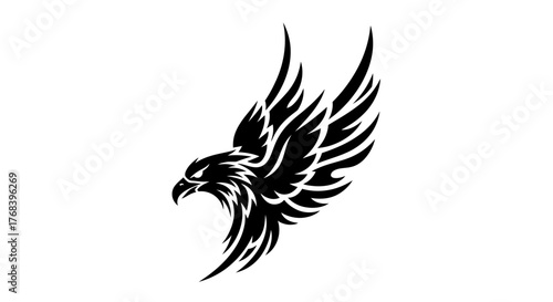 A striking black tribal eagle design with sharp wings spread wide, symbolizing power and freedom.