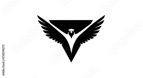 A stylized black falcon with outstretched wings inside a downward-pointing triangle on a white background.