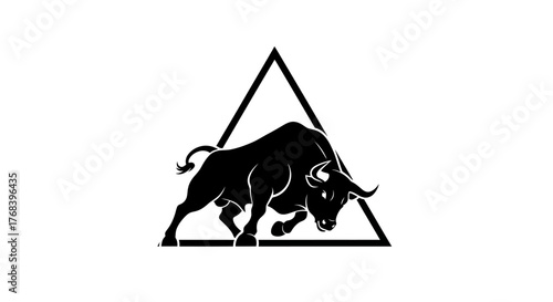 A powerful black bull charging forward within a stark black triangle on a white background.